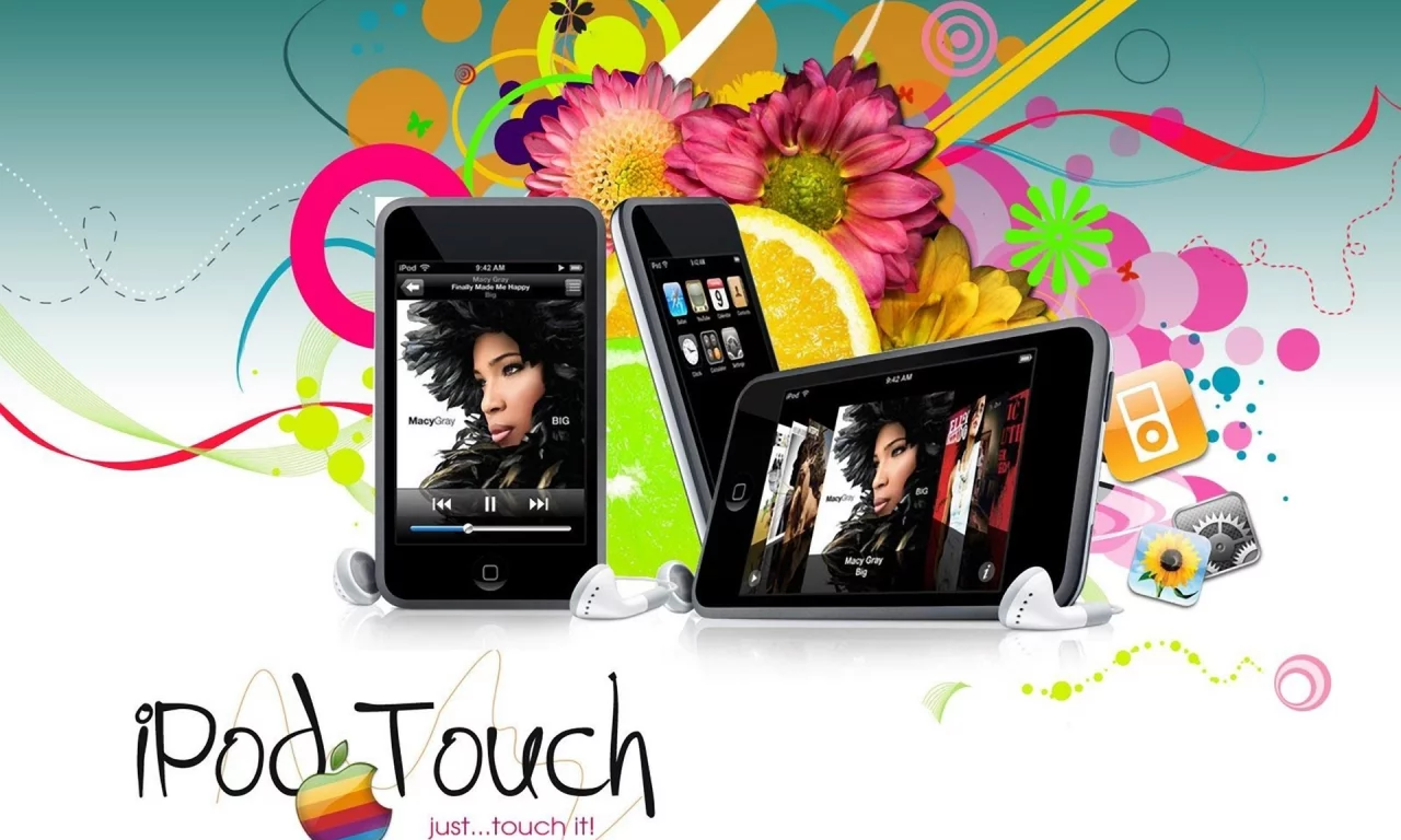 mobile, наушники, ipod touch, цветы, Hi-tech, art, apple
