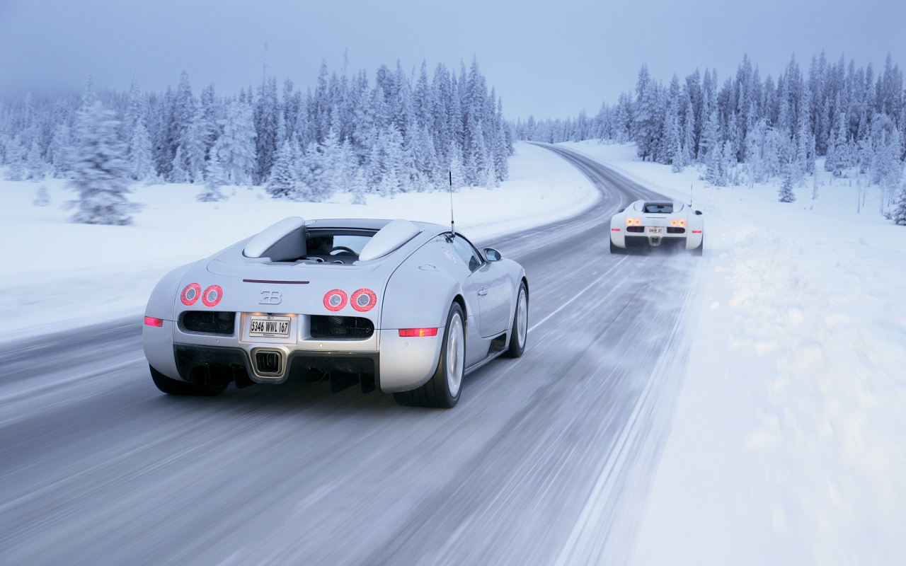 белые автомобили, Зима, white cars, Bugatti Veyron, автомобили, snow, cars, снег, winter