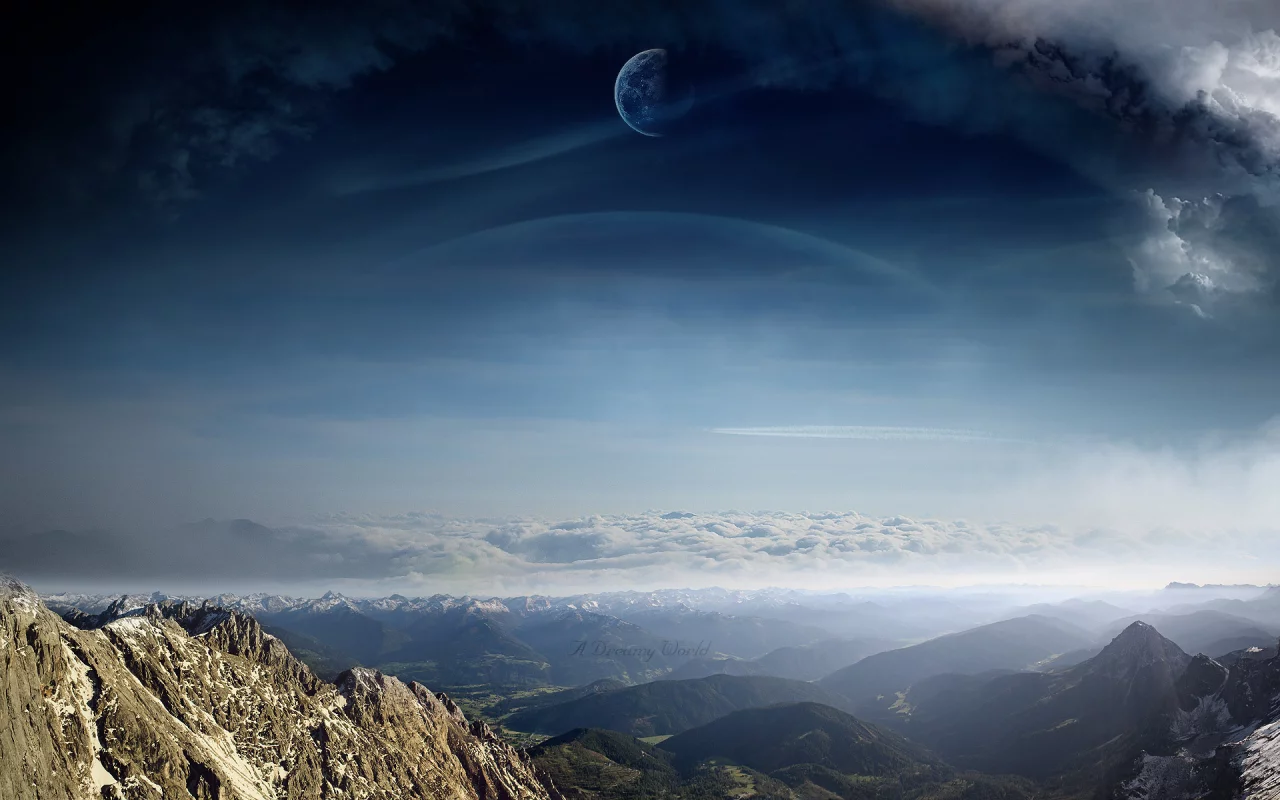 вид, облака, планеты, пейзаж, арт, A dreamy world, горы