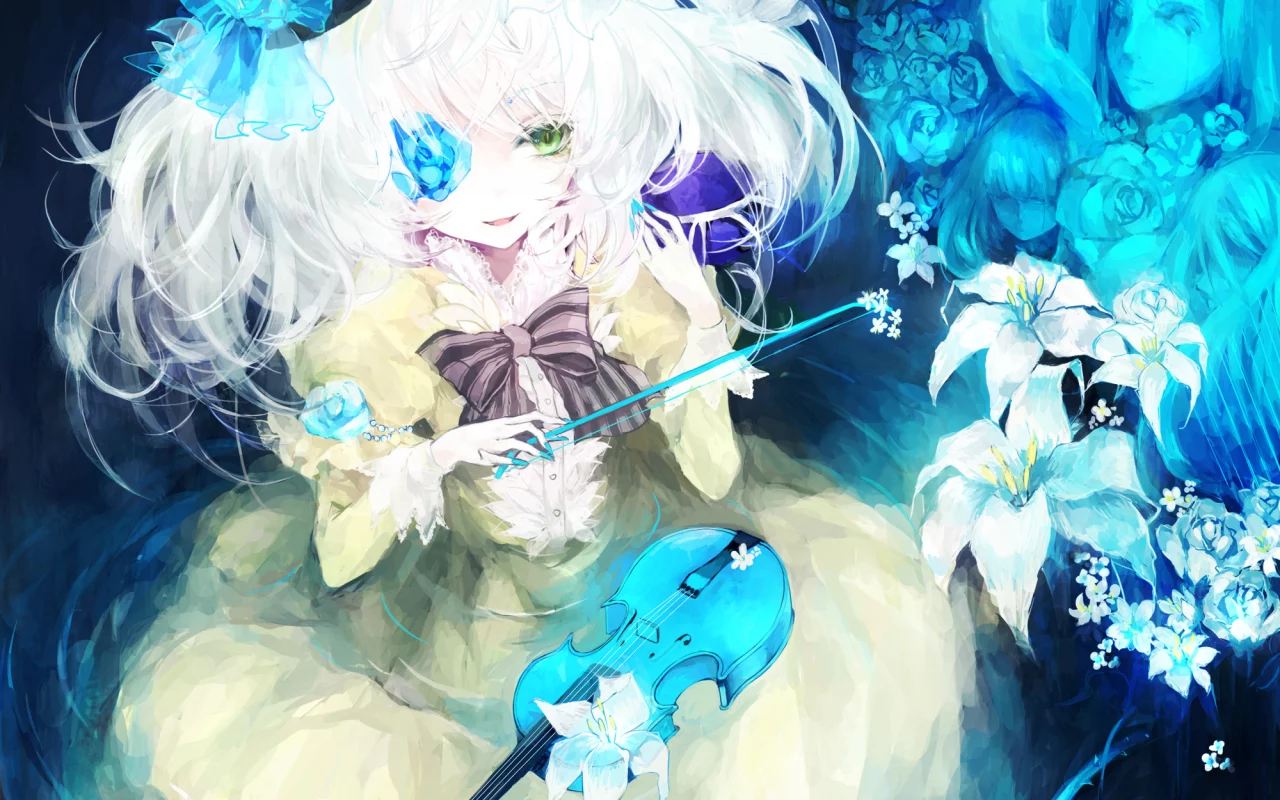 komeiji koishi, скрипка, девушка, Touhou, цветы, бант, лица, лилии