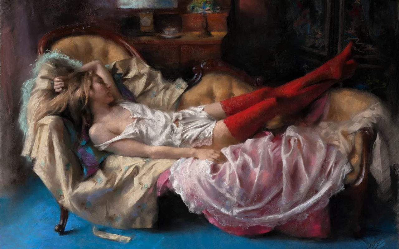 арт, блондинка, волосы, vicente romero, Картина, девушка