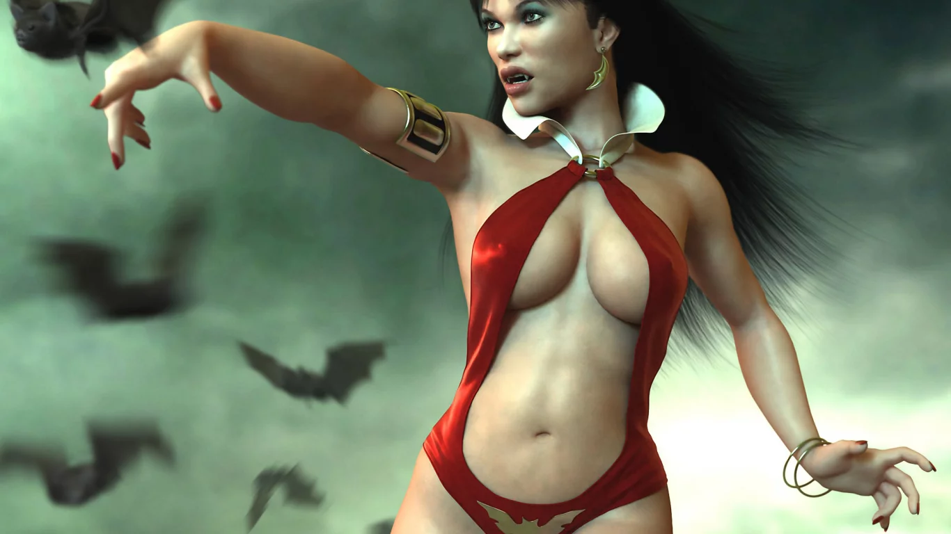 туман, клыки, Vampirella, девушка, летучие мыши, вампир