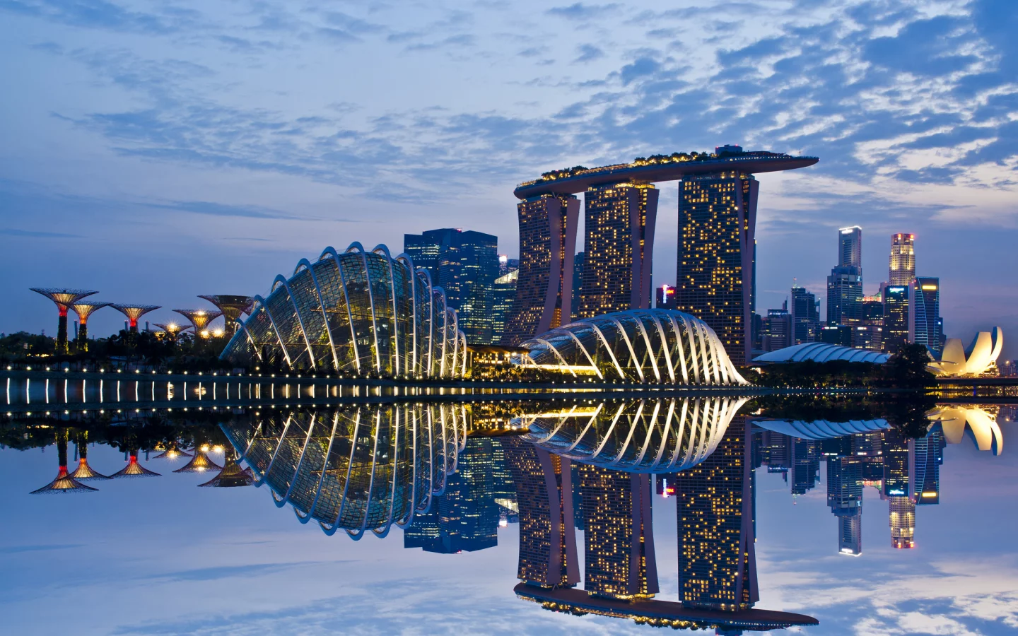 gardens by the bay, lights, skyscrapers, Singapore, sky, architecture, reflection, clouds, evening