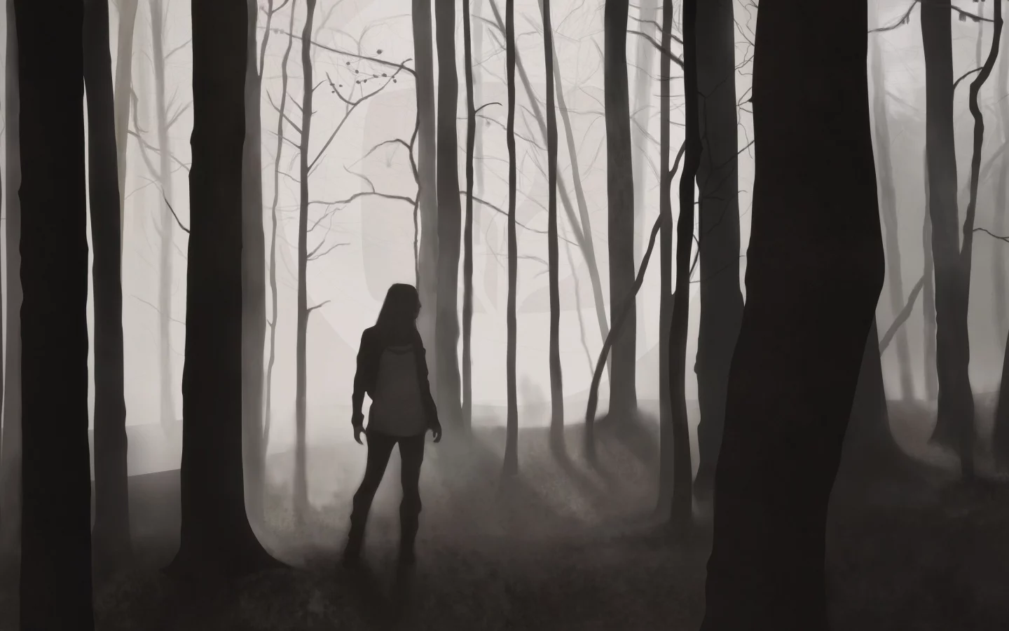 landscapes, , mist, artwork, forest, trees, dark, monochrome, Desktopography, silhouette