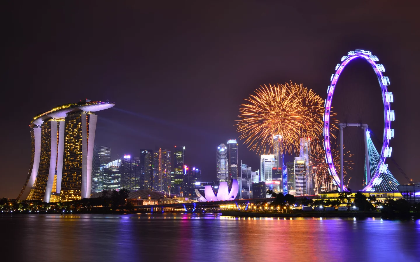 gardens by the bay, clouds, night, Singapore, sky, skyscrapers, lights, architecture, reflection