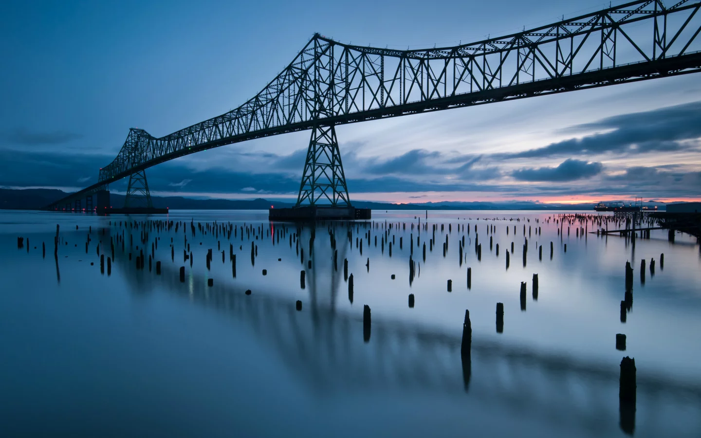 blue sky, clouds, сша, state, reflection, river, oregon, evening, sunset, bridge, Usa