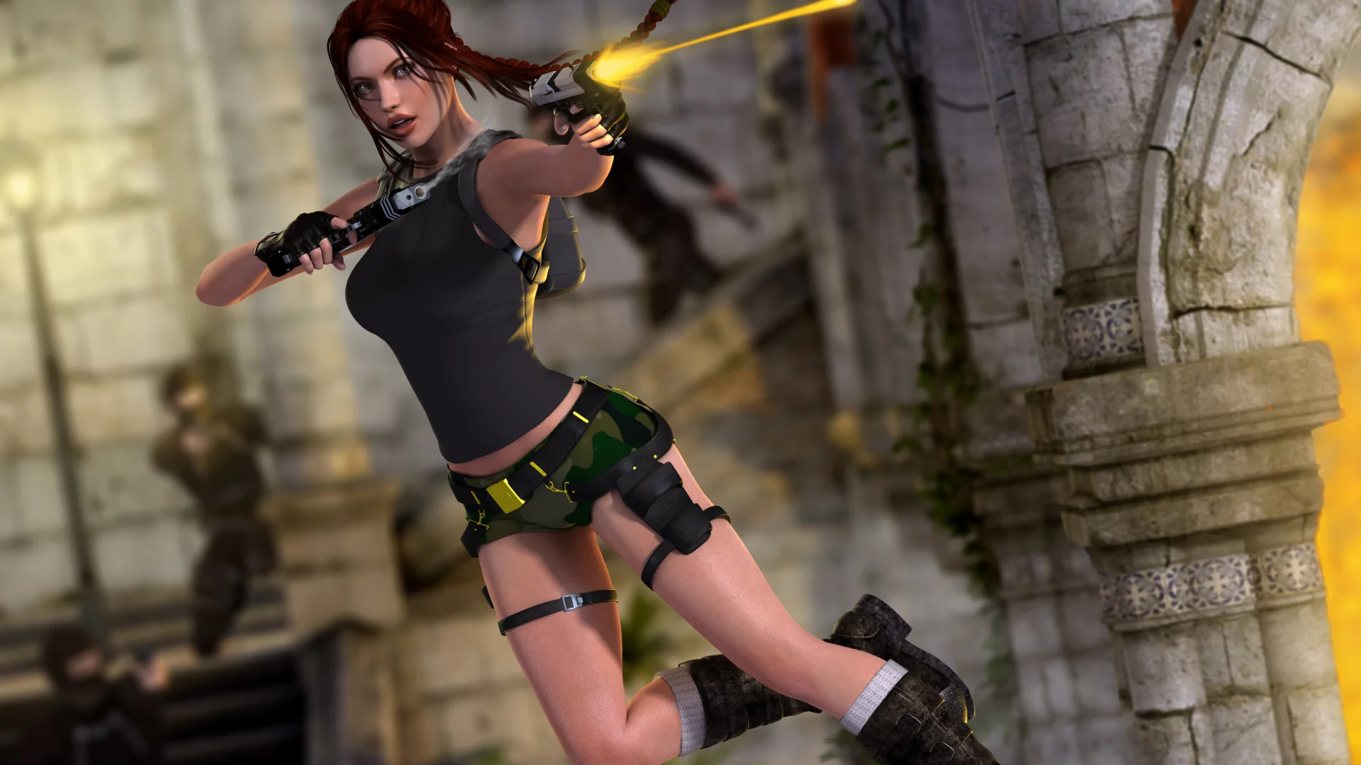 пистолеты, выстрел, Tomb raider, девушка, прыжок, lara croft