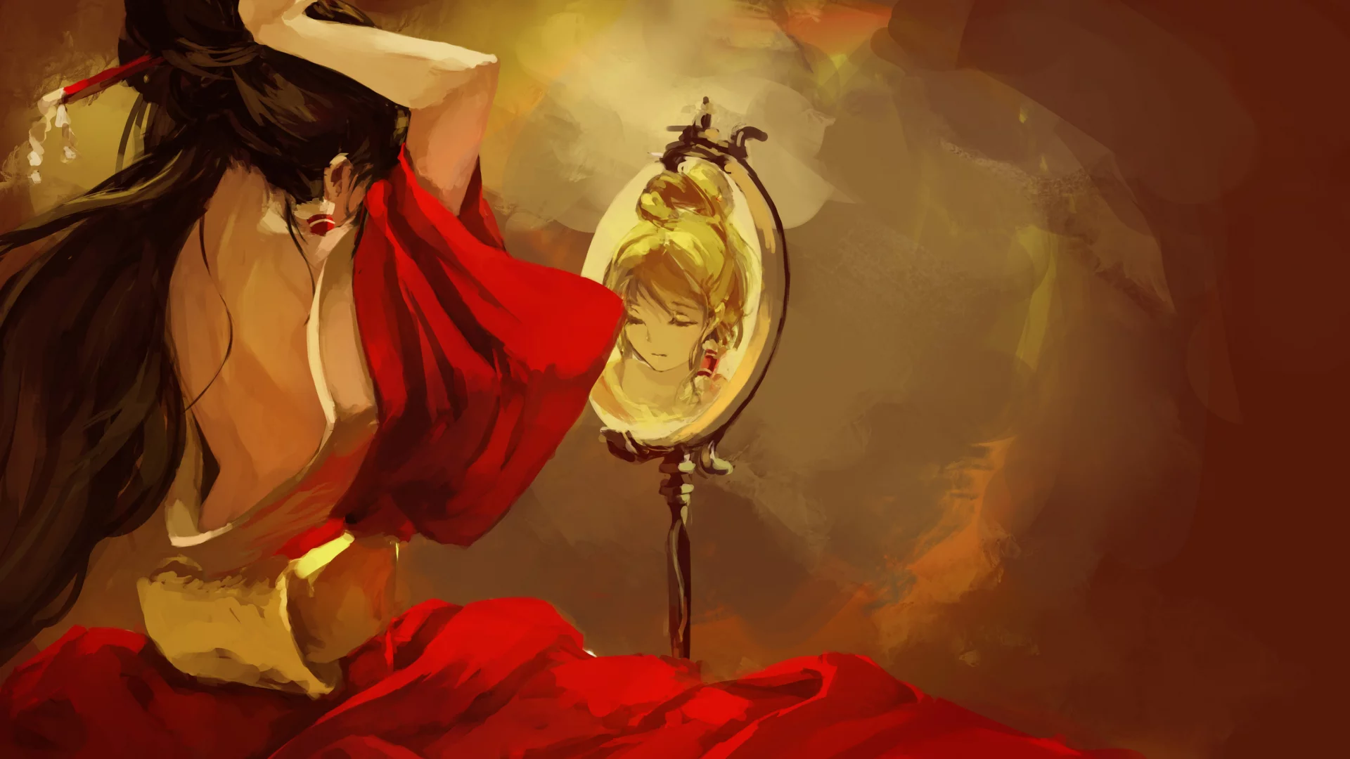 Арт, touhou, девушка, спиной, hakurei reimu, yaozhiligenius, зеркало