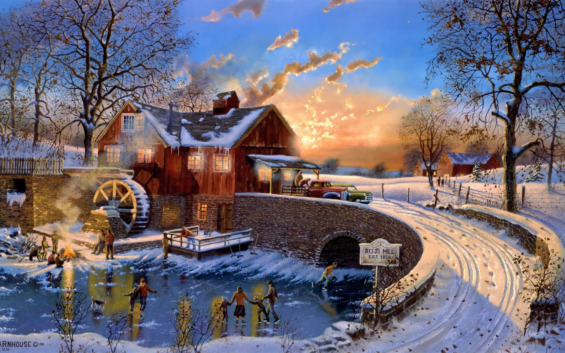 Dave barnhouse, живопись, зима, поздняя осень, the skating party