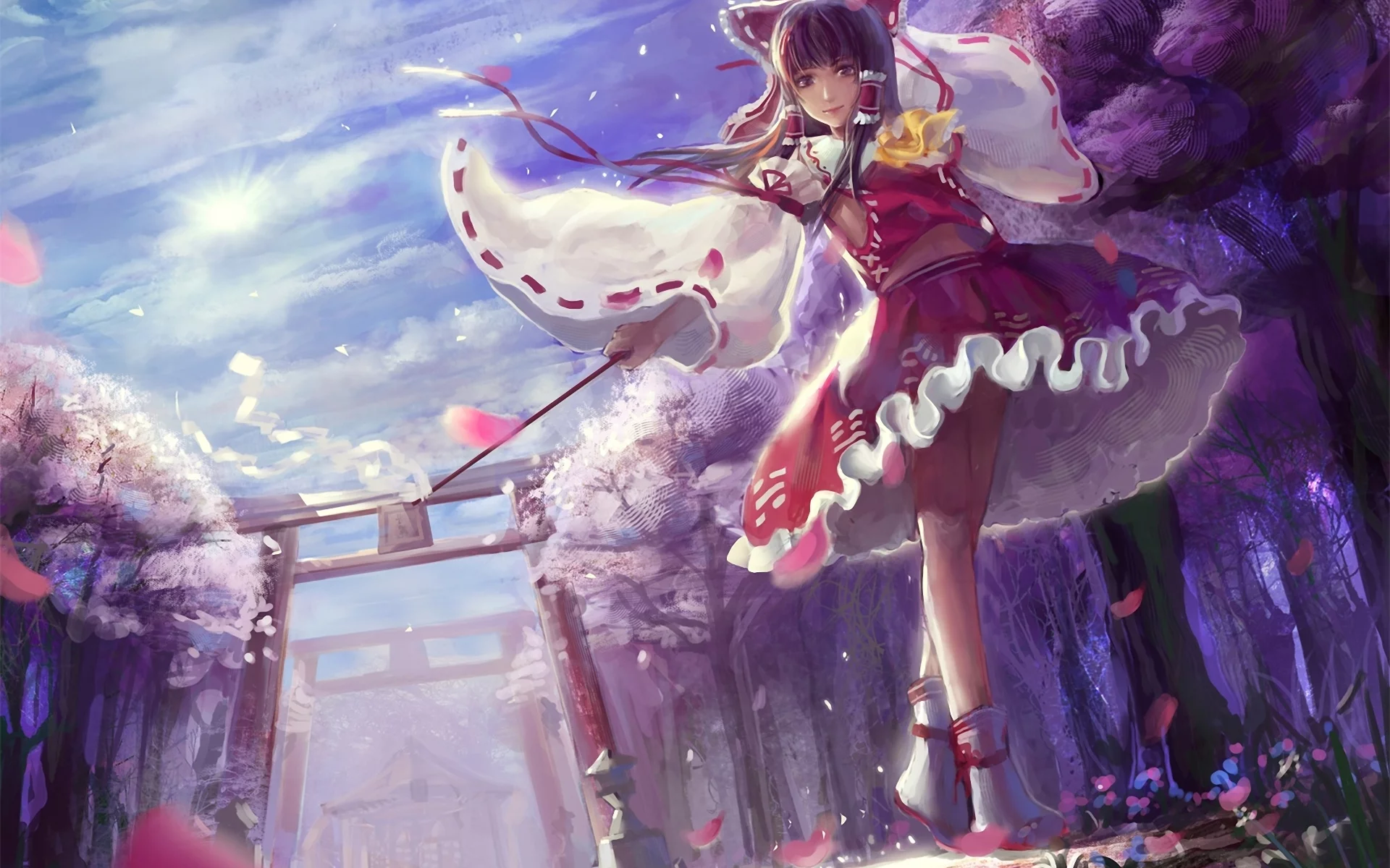 Touhou, врата, девушка, бант, hakurei reimu, лепестки, деревья