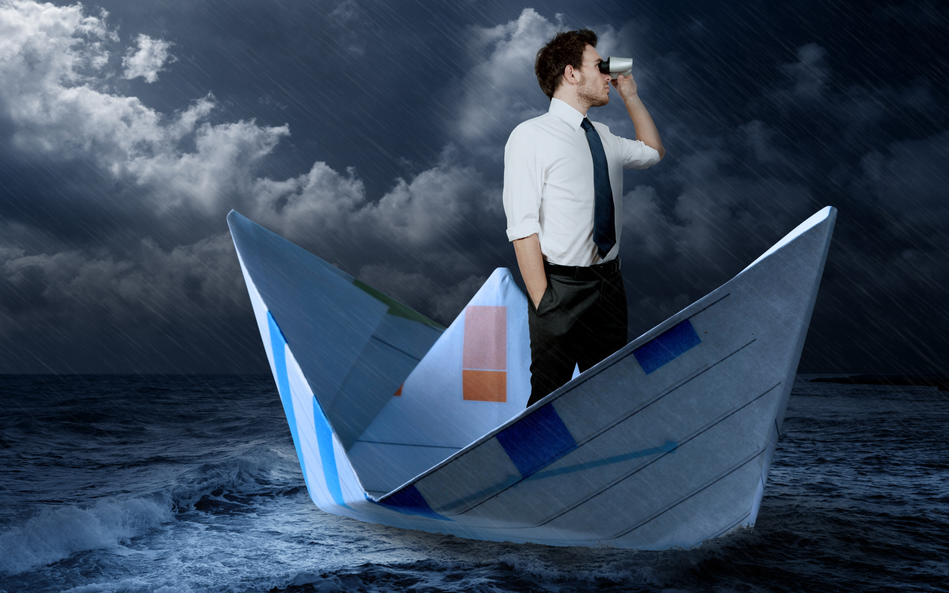 галстук, Море, шторм, мужчина, кораблик, дождь, бинокль