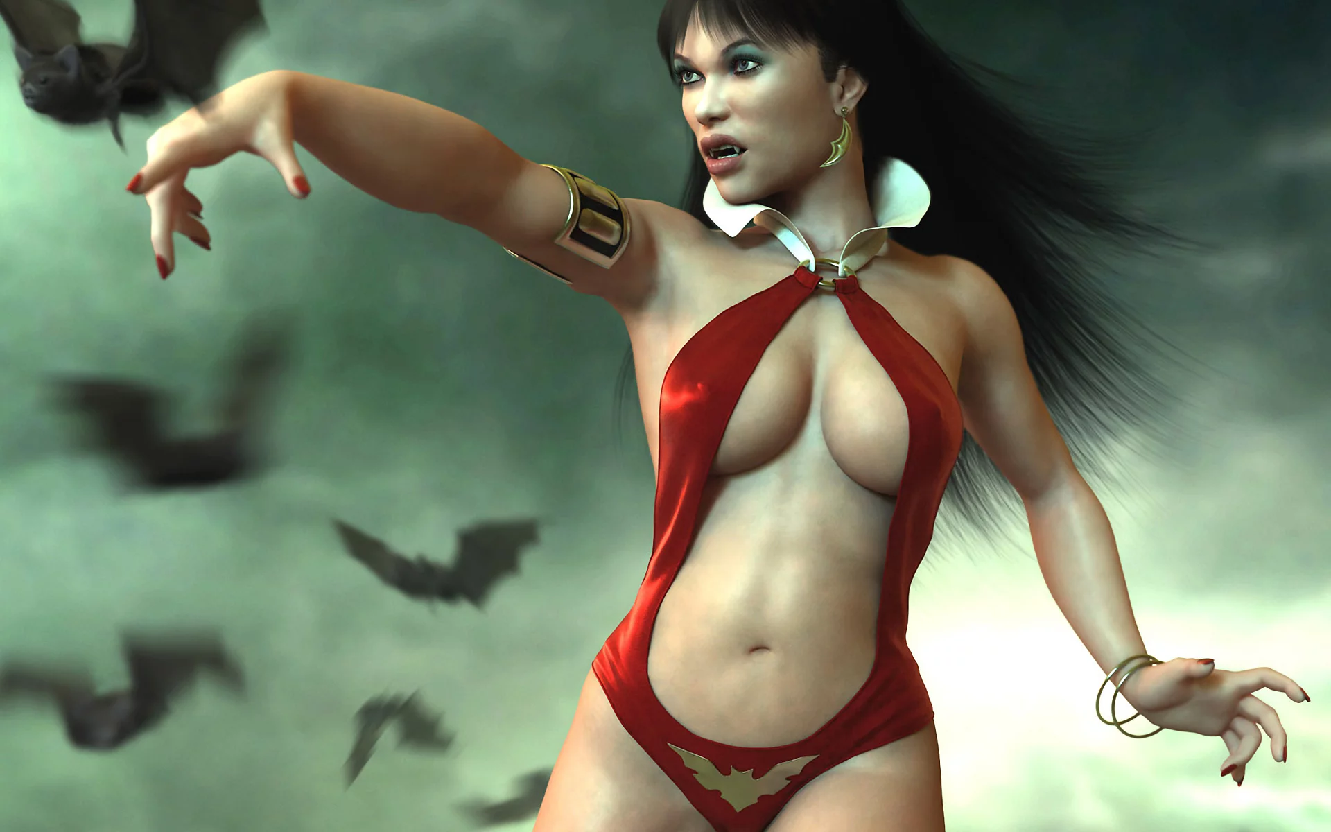 туман, клыки, Vampirella, девушка, летучие мыши, вампир