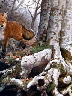 лиса, река, Al agnew, живопись, running wild, осень, лес, рыжая