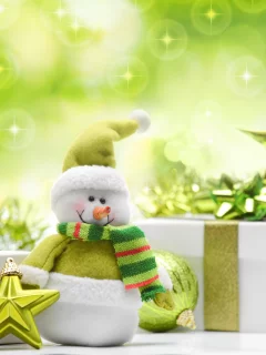 игрушки, зеленые, Снеговик, шары, подарки, елочные