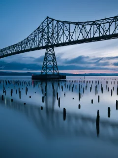 blue sky, clouds, сша, state, reflection, river, oregon, evening, sunset, bridge, Usa