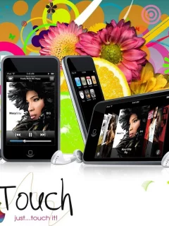 mobile, наушники, ipod touch, цветы, Hi-tech, art, apple