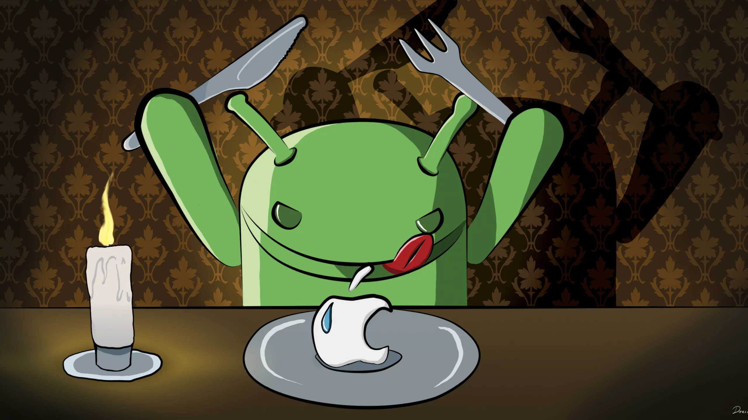 ужин, вилка, нож, тарелка, apple, Android, свеча, арт