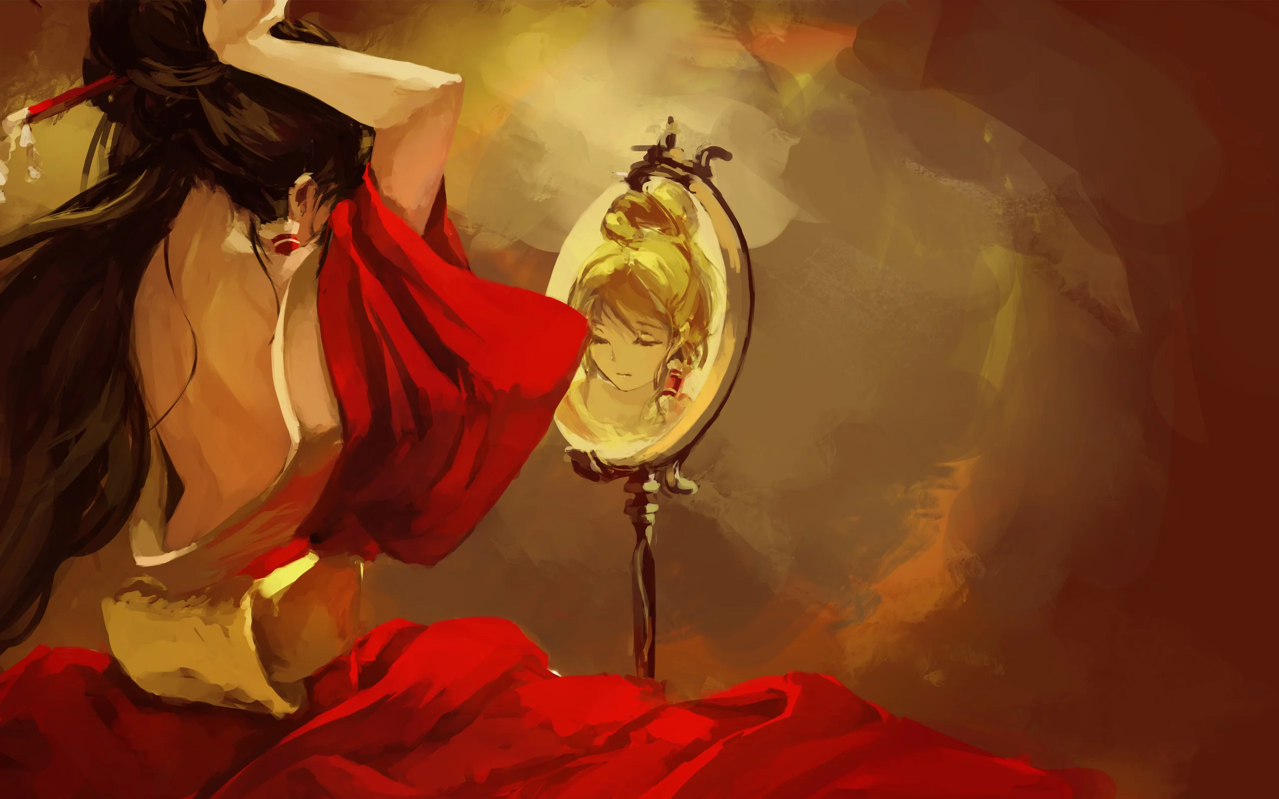 Арт, touhou, девушка, спиной, hakurei reimu, yaozhiligenius, зеркало