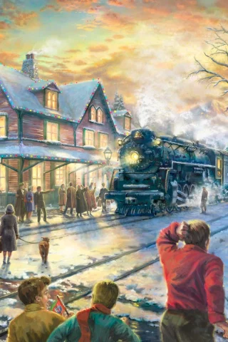 живопись, All aboard for christmas, lionelville, праздник, зима, thomas kinkade