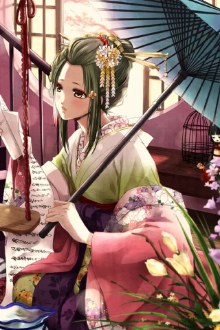 девушка, yukimura chizuru, демоны бледной сакуры, зонт, Hakuouki