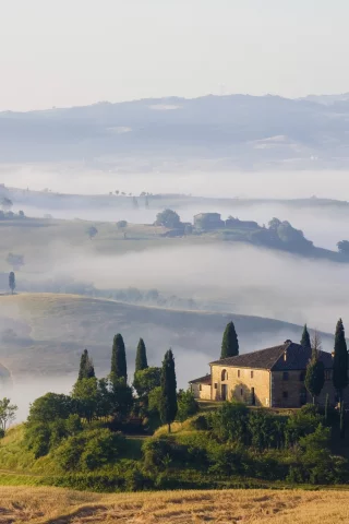 природа, Утро, пейзаж, поля, туман, дома, toscana, холмы
