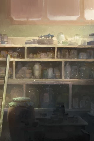 девушка, чтение, книга, Арт, лестница, вазы, полки