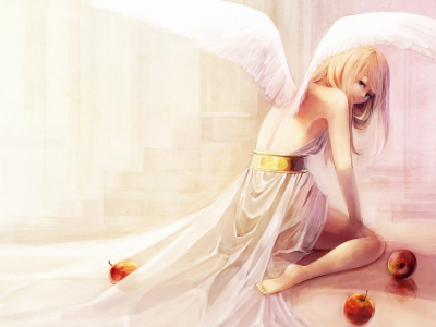 ангел, Арт, девушка, крылья, яблоки, aka tonbo, спиной