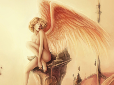 ангел, обнажена, крыши, сидя, девушка, Арт, крылья, senryuji