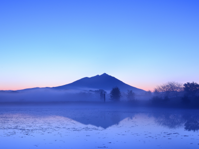 гора, вечер, Япония, туман, дымка, деревья, озеро