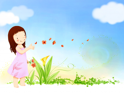 ветер, Детские обои, цветы, девочка, платье, улыбка