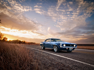 дорога, classic, american, blue, camaro, muscle небо , 1969, ss, chevrolet