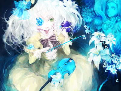 komeiji koishi, скрипка, девушка, Touhou, цветы, бант, лица, лилии