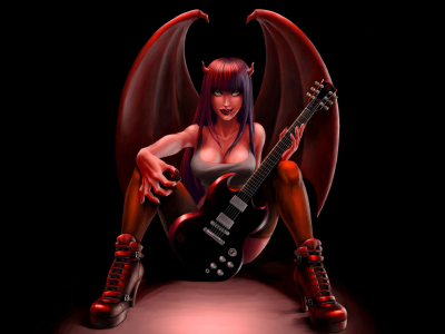 девушка, Демон, крылья, рога, гитара