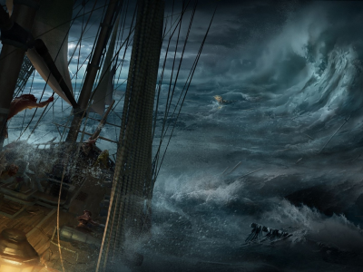 шторм, обломки, корабль, море, Арт, лодка, волны, max qin