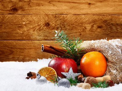 Праздник, новый год, яблоко, снег, рождество, оранжевый