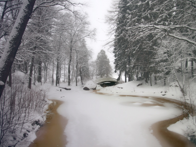 мост, парк, снег, река, деревья, Зима