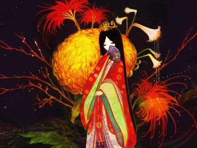 хризантемы, веер, кимоно, Рисунок, девушка