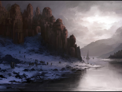 замок, Andreas rocha, река, снег, зима, арт, сумерки, корабли