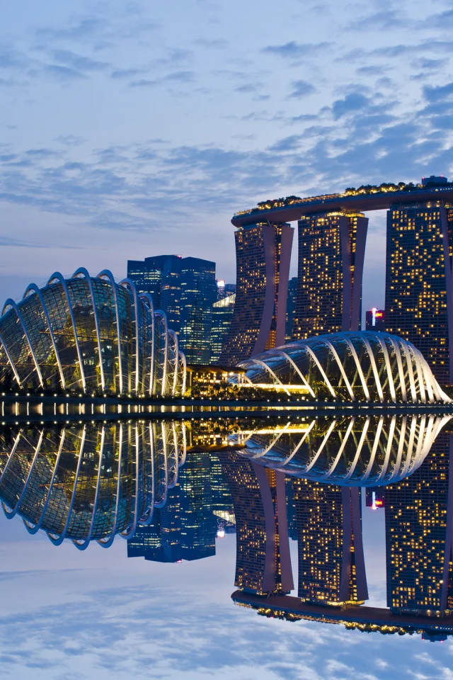 gardens by the bay, lights, skyscrapers, Singapore, sky, architecture, reflection, clouds, evening