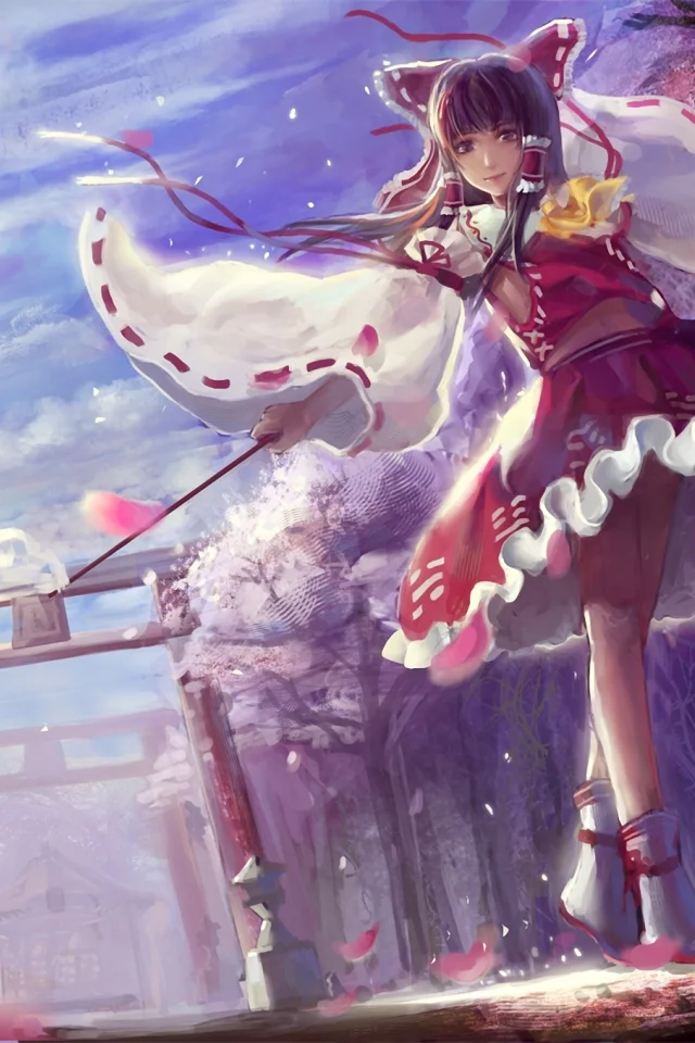 Touhou, врата, девушка, бант, hakurei reimu, лепестки, деревья
