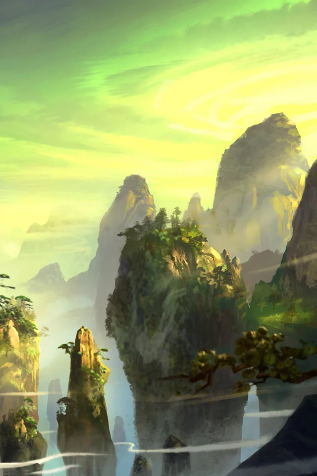  feng liu, pursue, скалы, деревья, горы, птицы, хвойные, Арт
