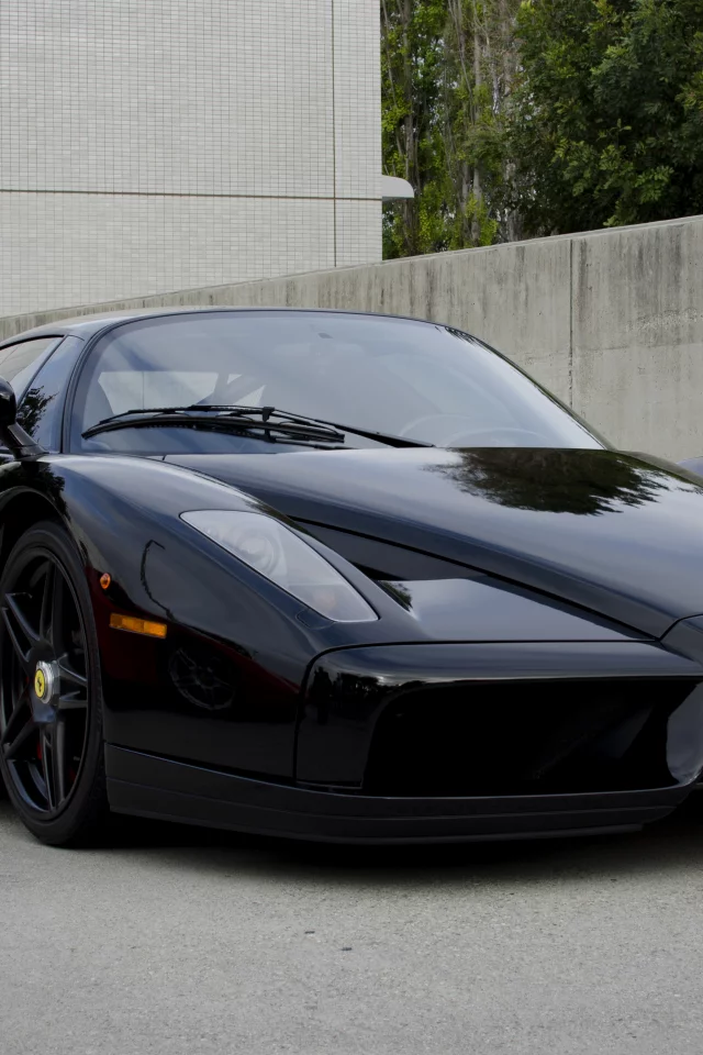 энцо, вид спереди, black, Ferrari, enzo, чёрный, феррари, здание