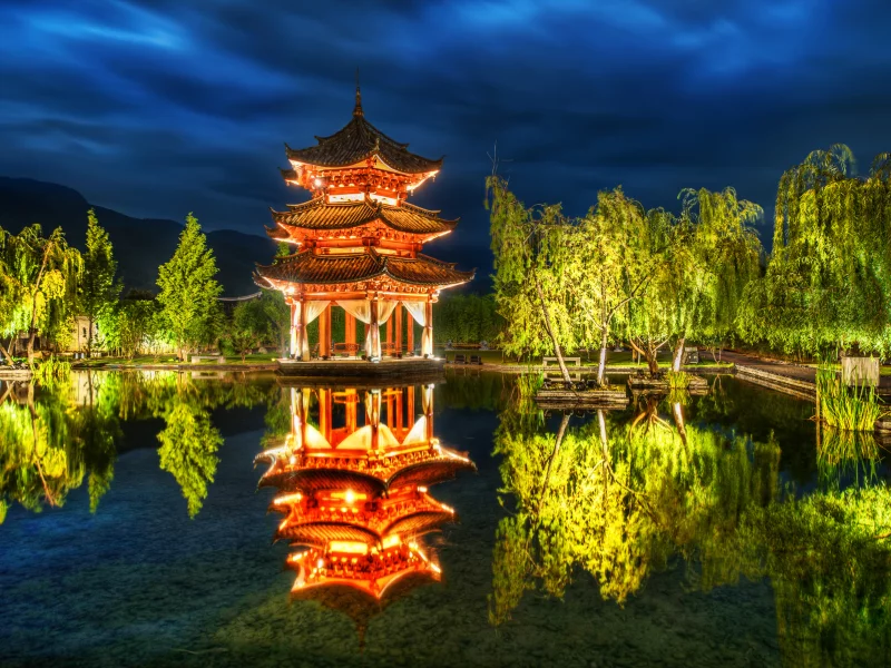 китай, отражение, деревья, Lijiang, парк, пруд, china, пагода
