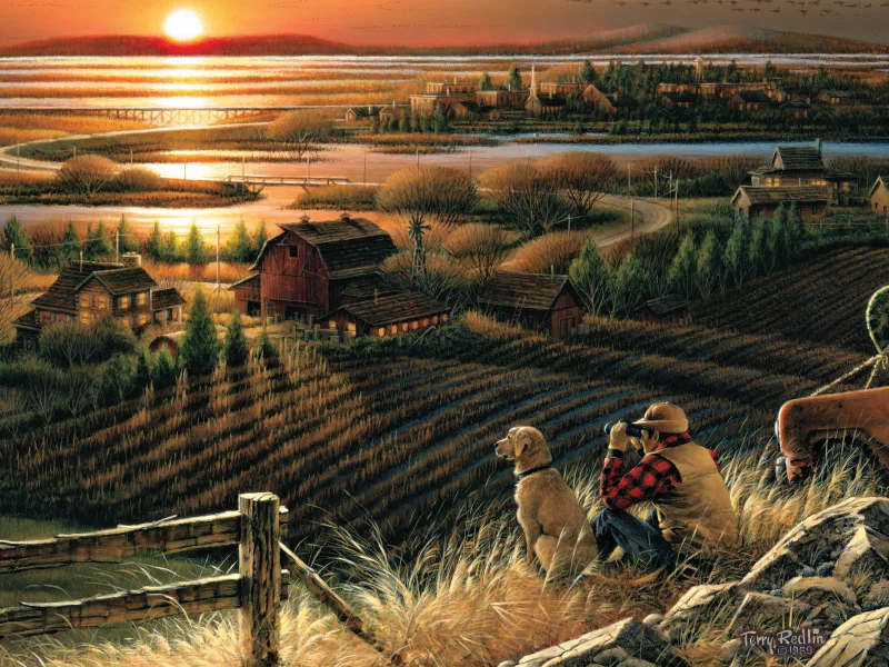 Terry redlin, best friends, живопись, осень, дома, вечер, закат