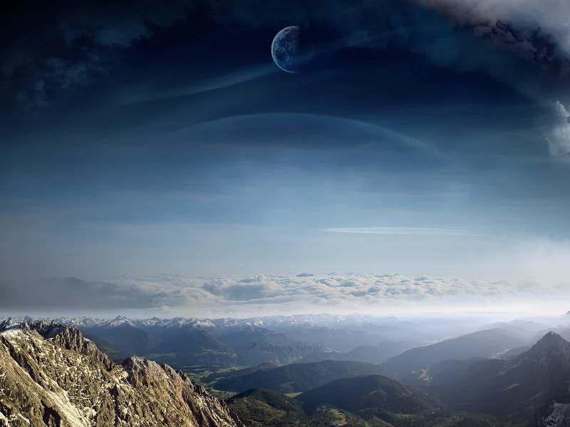вид, облака, планеты, пейзаж, арт, A dreamy world, горы