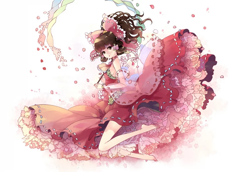 платье, лепестки, рисунок, Touhou, hakurei reimu, девушка, kieta