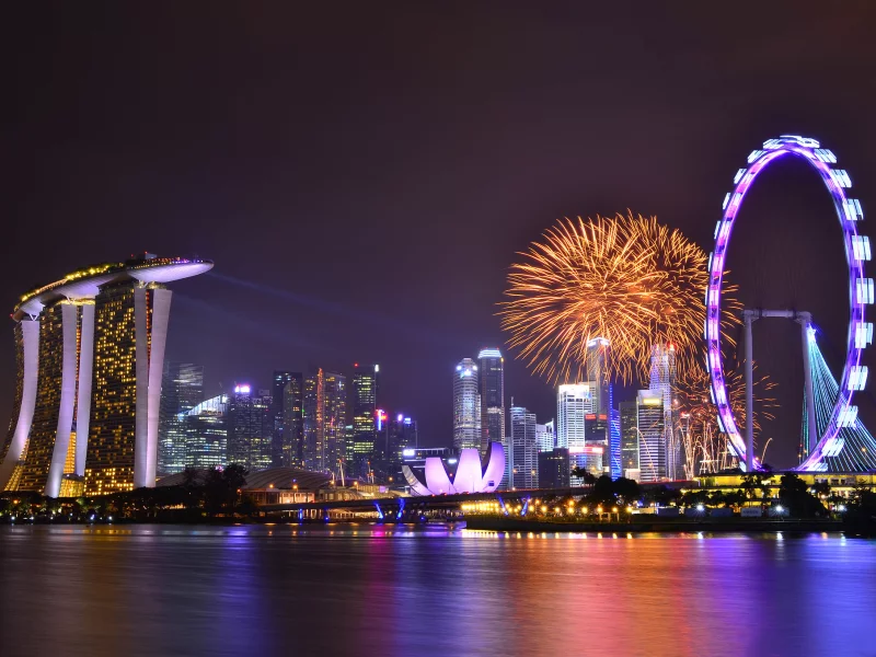 gardens by the bay, clouds, night, Singapore, sky, skyscrapers, lights, architecture, reflection