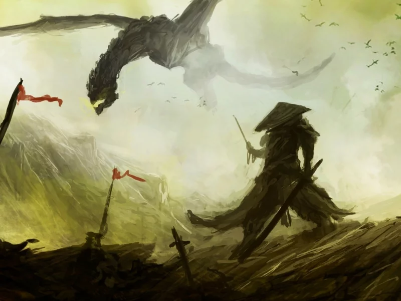 фантастика, dragon, Арт, поле брани, дракон, самурай, samurai