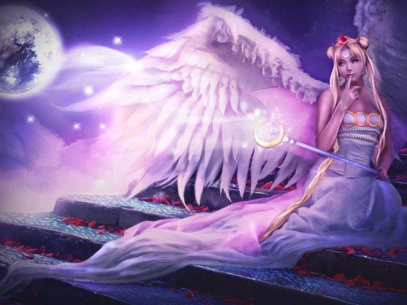 fantasy, neo queen, planet, wings, donatella drago, stars, girl, sailor moon, Serenity, angel