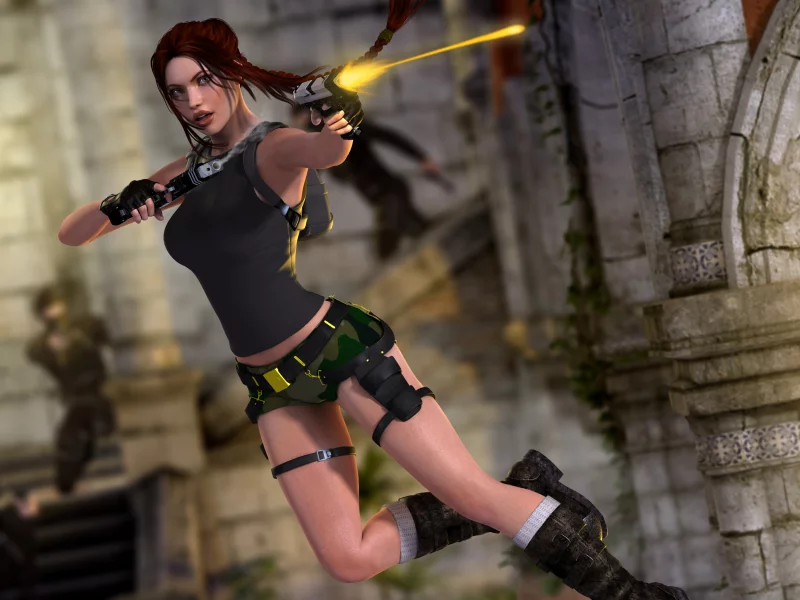 пистолеты, выстрел, Tomb raider, девушка, прыжок, lara croft
